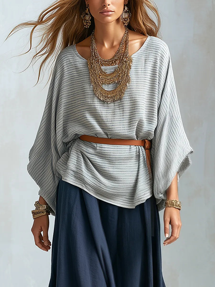 Bohemian Textured Batwing Sleeve Top And Skirt Set