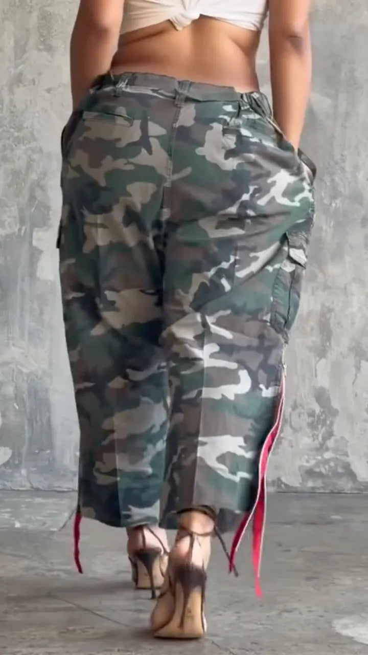 Women's Camouflage Red Strap Cargo Wide Leg Pants