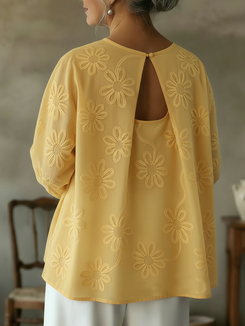 Romantic Floral Embroidered Cutout Design Blouse Shirt