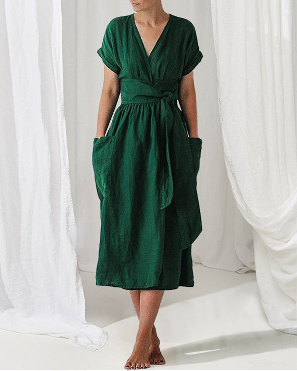 Women's Fashion V Neck Belt High Waist Short Sleeves Cotton- Linen Dress