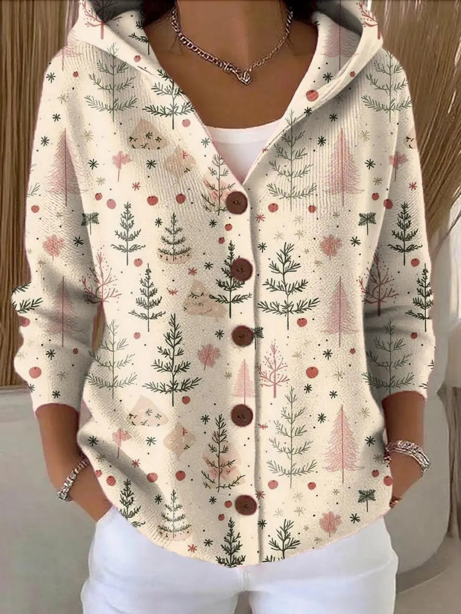 Women's Christmas Tree Art Print Buttoned Cardigan Sweater