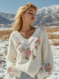 Bohemian Style Floral Embroidery Women's V-neck Knitted Sweater