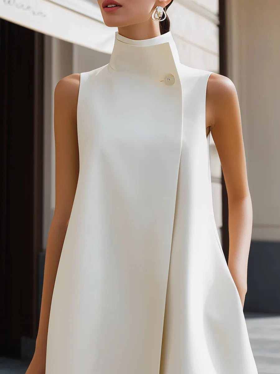 Asymmetric High-Neck Flowing A-Line Maxi Dress