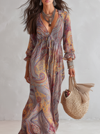 Vintage Paisley Print V neck Dress With Tie Waist
