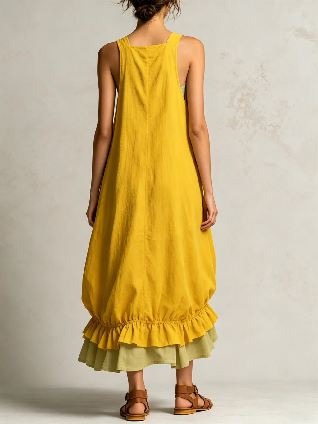 Yellow Sleeveless Cargo Pocket Layered Ruffle Hem Midi Overall Dress