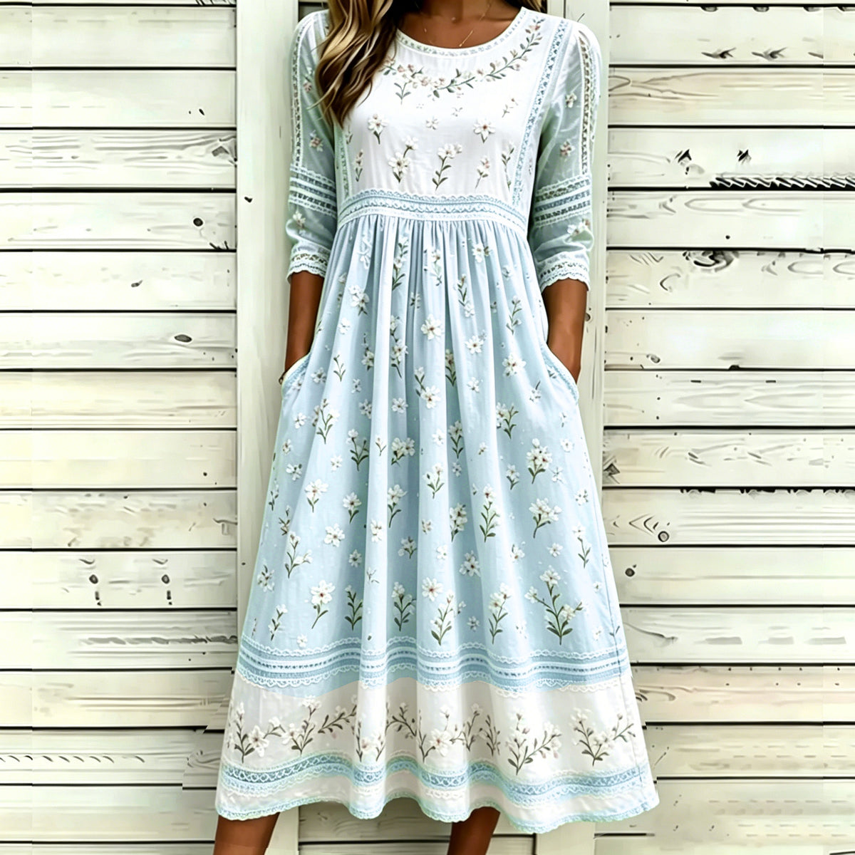 Vintage White Cherry Blossom Art And Lace Art Light Pink Cotton Linen Loose Round Neck Dress