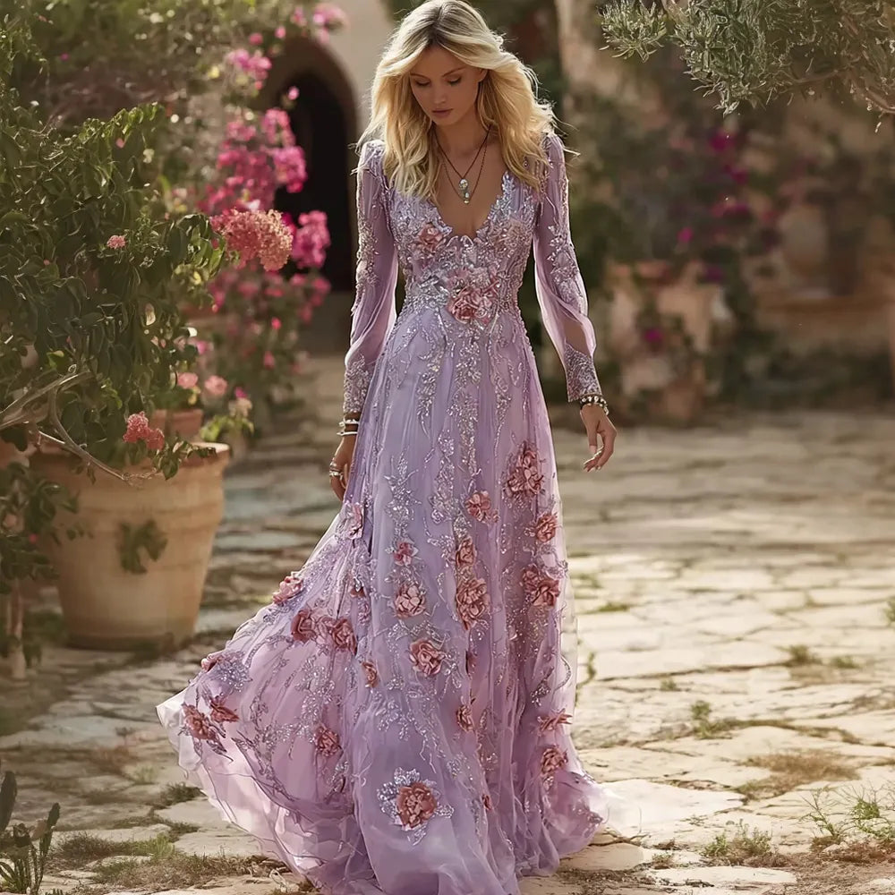 Vintage Boho Roses Embroidered Flowy Linen Maxi Dress