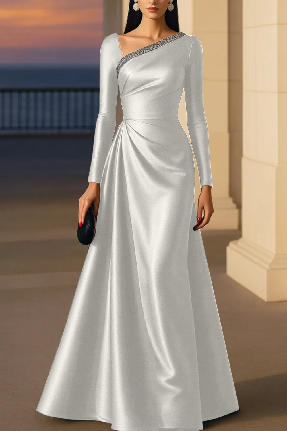 Evening Formal Burgundy Dress Asymmetrical Neck Long Sleeve Maxi Gown