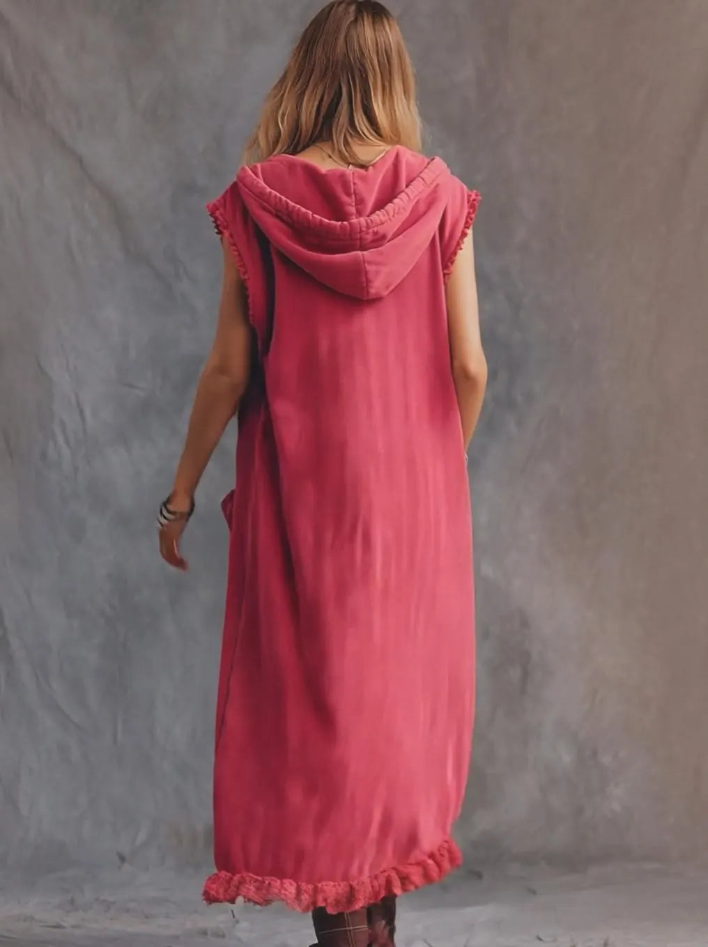 Vintage Casual Sporty Hooded V-neck Front Zip Lace Trim Sleeveless Raspberry Red Cotton Maxi Dress