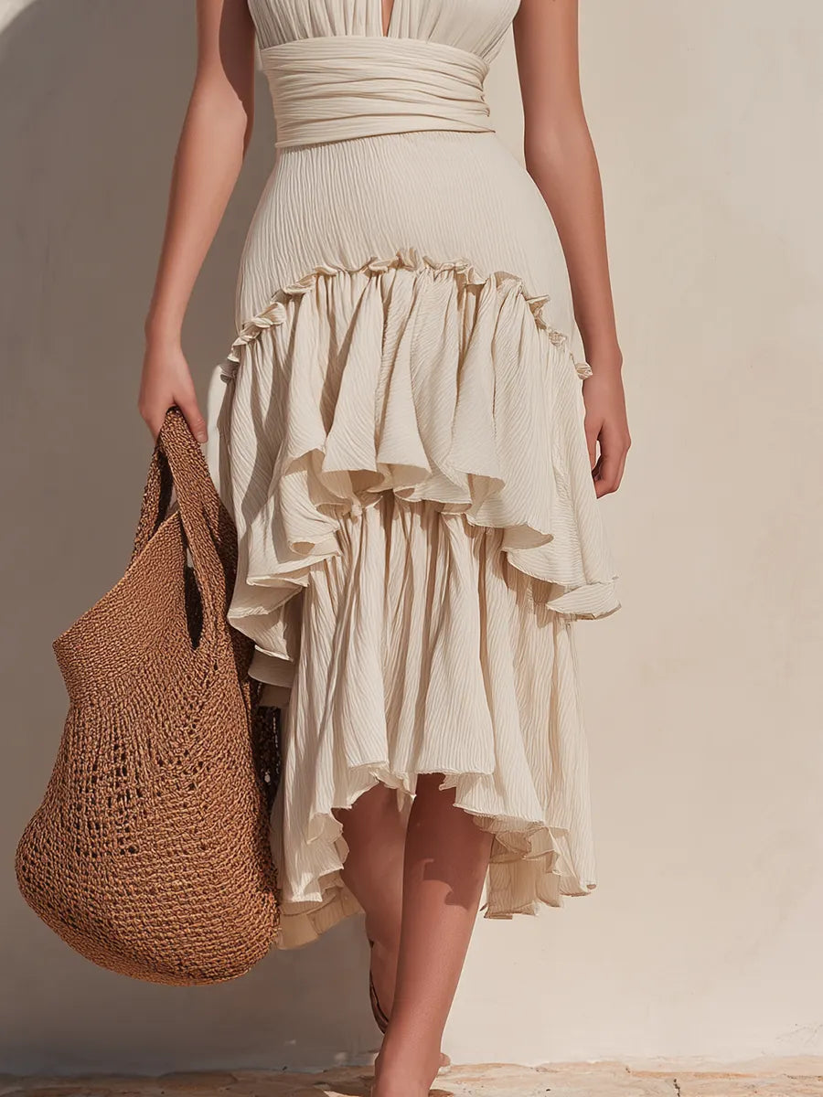 Romantic Bohemian V-Neck Sleeveless Ruffled Textured Chiffon Midi Dress