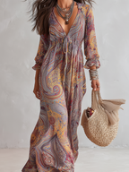 Vintage Paisley Print V neck Dress With Tie Waist