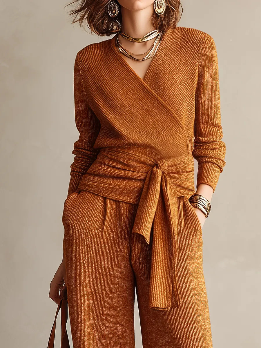 Sophisticated Cinnamon Wrap Knit Pant Set