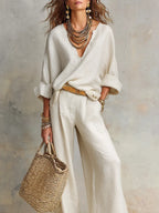 Off White Natural Linen Loose Fitting Resort Wear Set