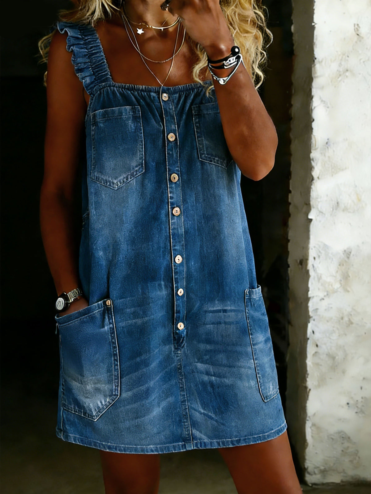 Women‘s Blue Denim Button-front Overall Dress