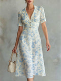 Midi Linen Dress, Short Sleeves, Lapel Collar, Floral, Button Design, Vintage, Blue