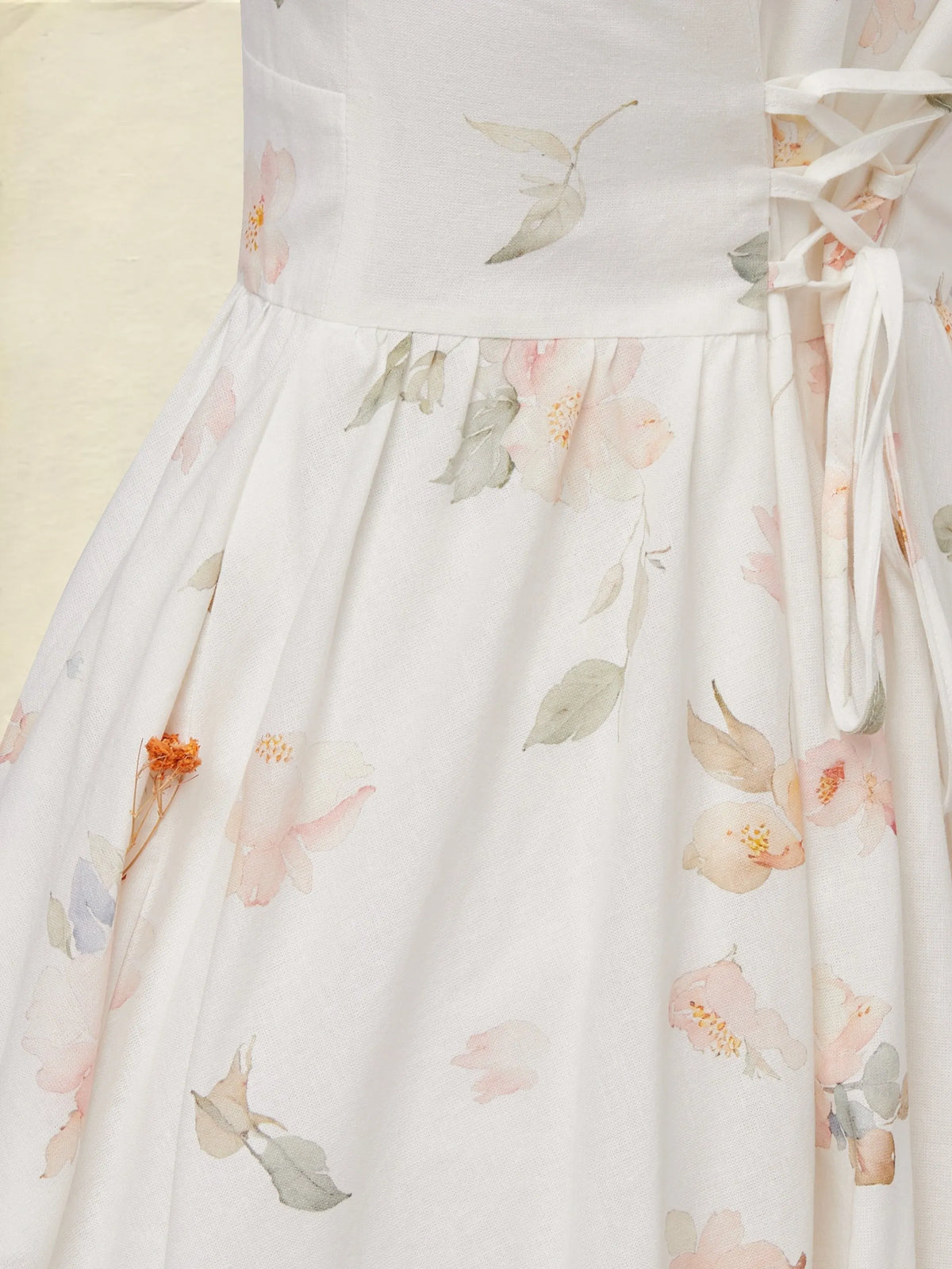 Midi Linen Dress, Short Sleeves, V Neck, Floral, Vintage, White