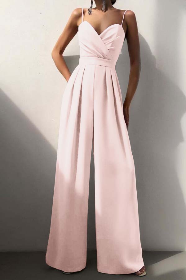 Cocoslly Chic Lilac Sweetheart Spaghetti Strap Sleeveless Pleated Long Wid-Leg Jumpsuit