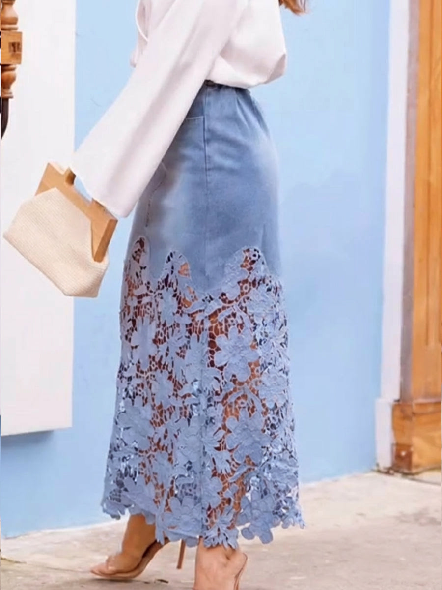 Stylish And Casual Patchwork Lace Denim Skirt