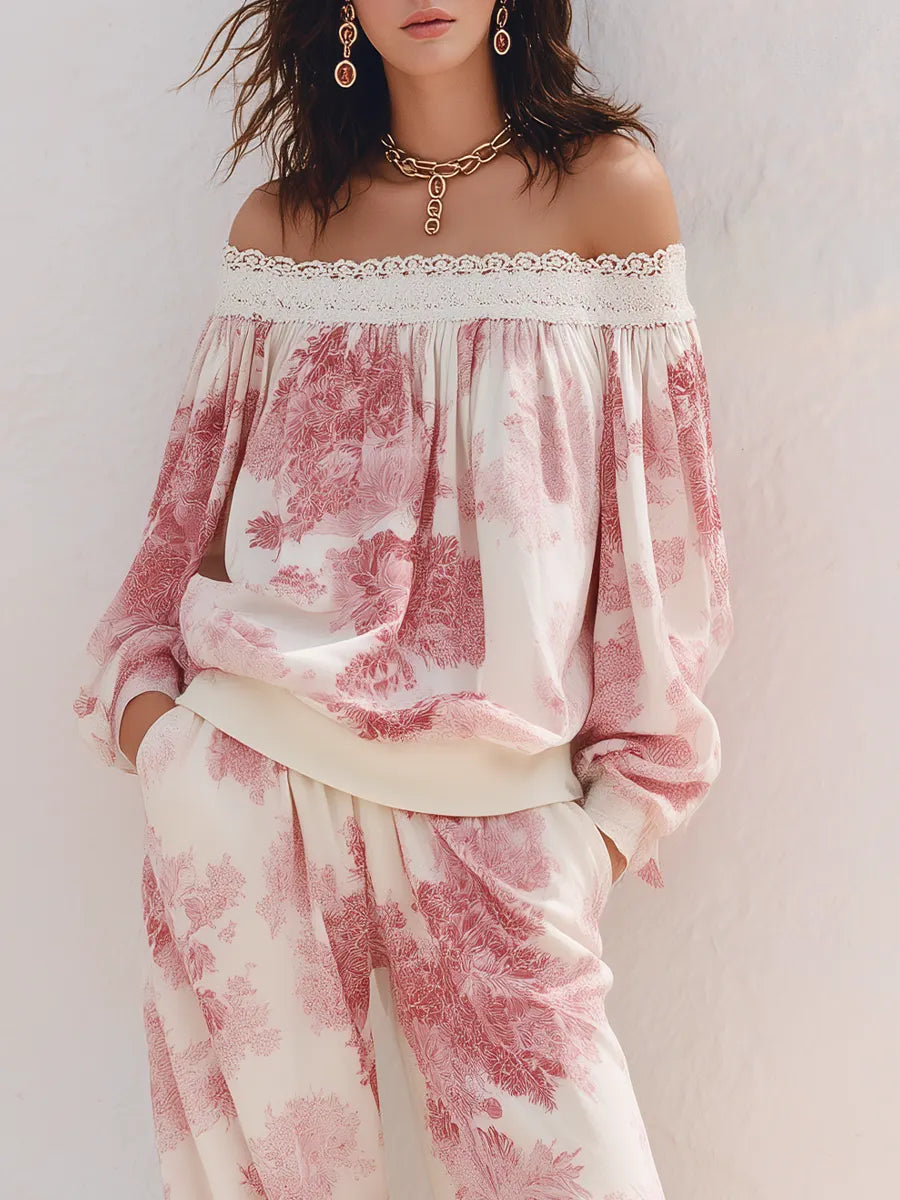 Romantic Ivory Pink Floral Off-Shoulder Two-Piece Set