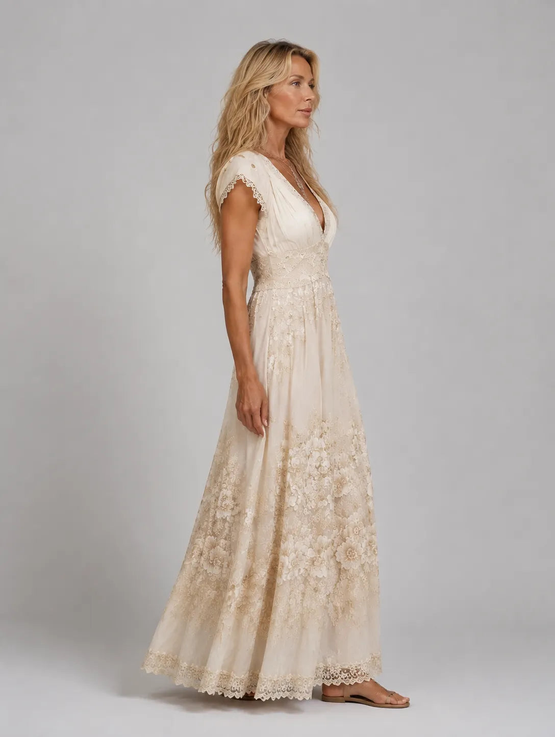Women's Boho Floral Embroidered Lace Printed Maxi Dress