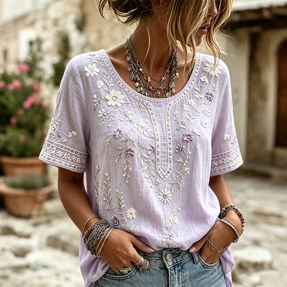 Women'S Floral Printed Linen Short Sleeved T-Shirt