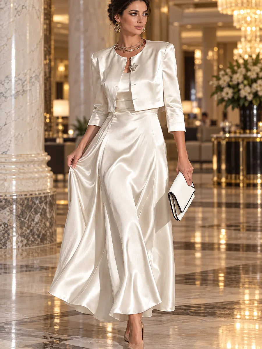 Elegant Ivory Satin Cropped Jacket & Maxi Dress Set