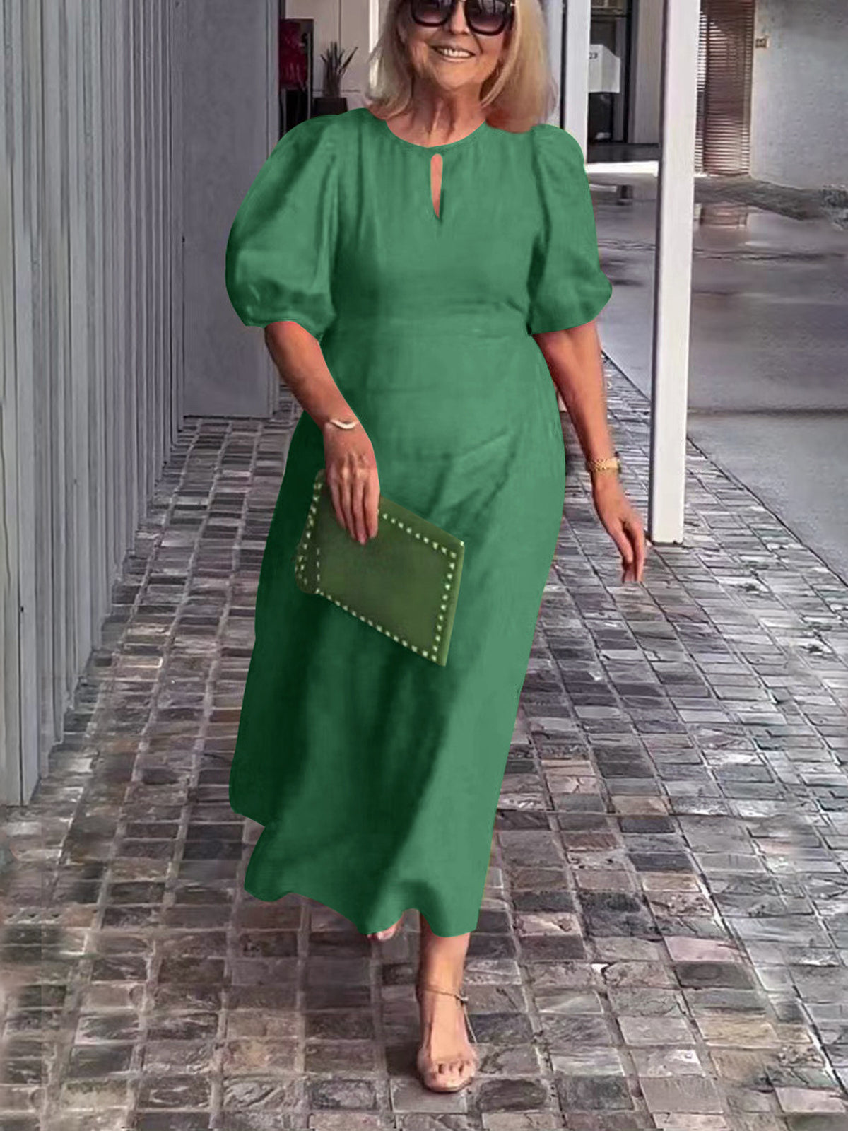 Evening Dress Formal Dress Solid Color Loose-Fitting Casual Round-Neck Small Lantern Sleeves