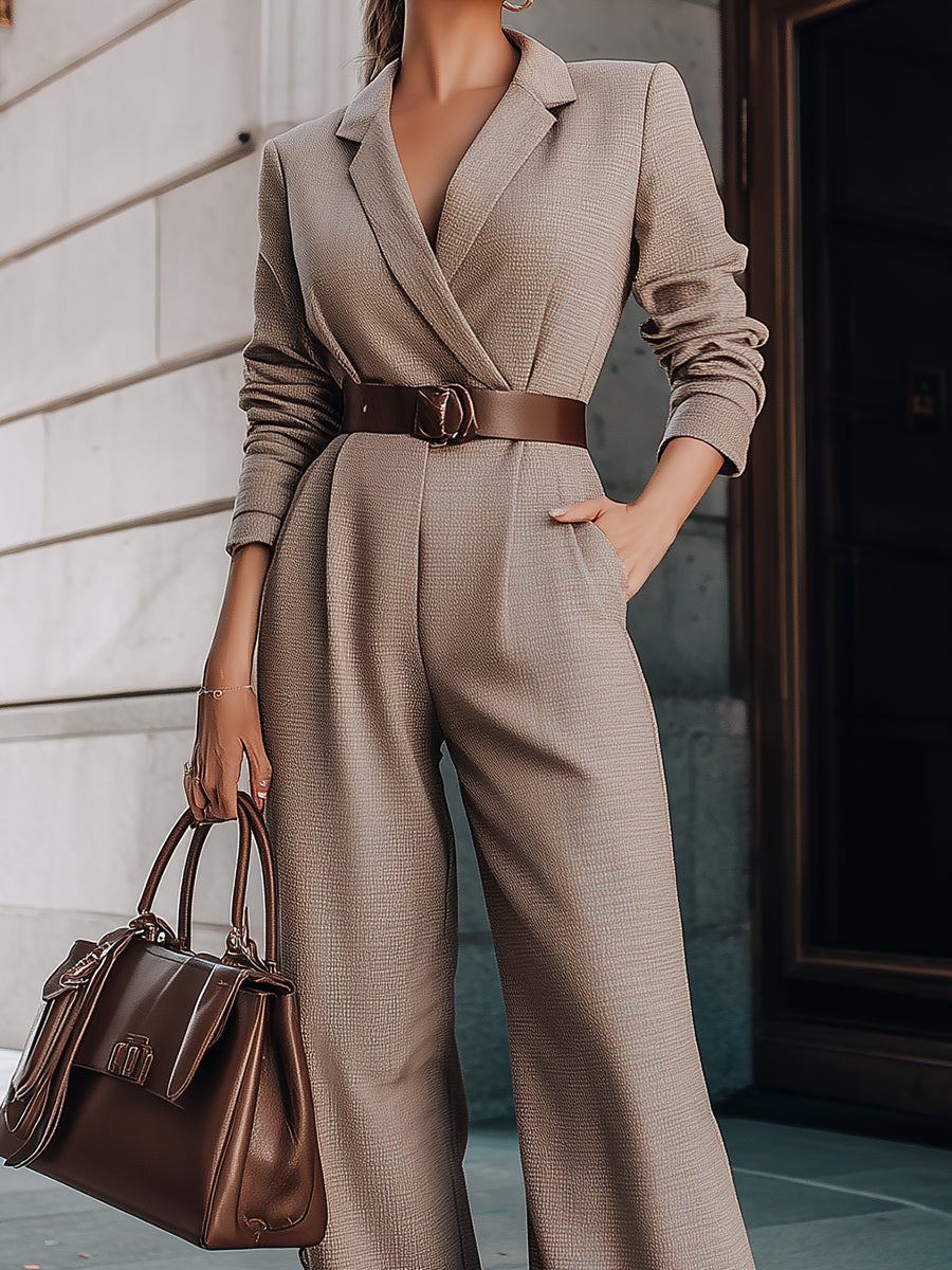 Taupe Belted Blazer Jumpsuit With Wide-Leg Silhouette