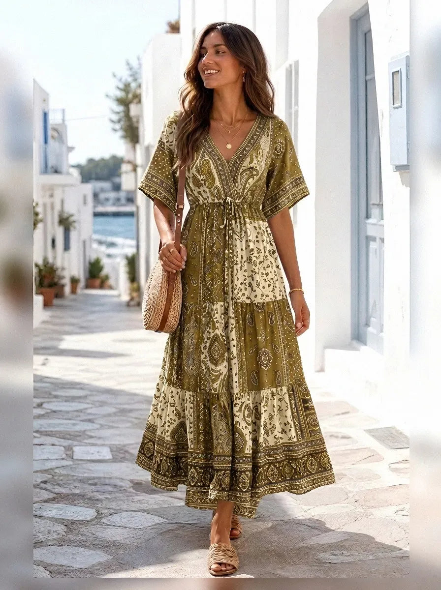 Women's Bohemian V-Neck Paisley Floral Printed Maxi Dress