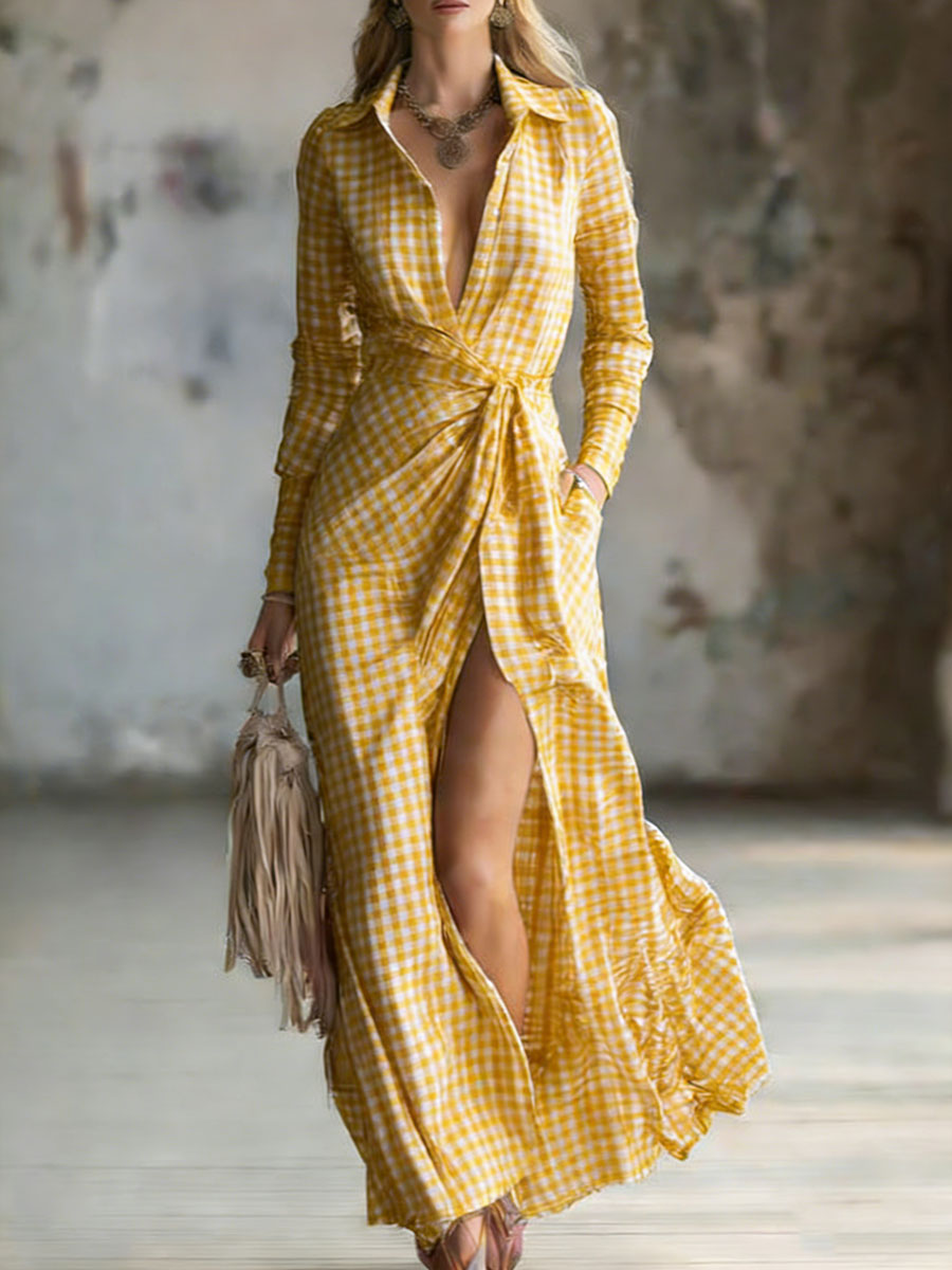 Women's Small Check Multi-color Linen-cotton Blend Long Dress