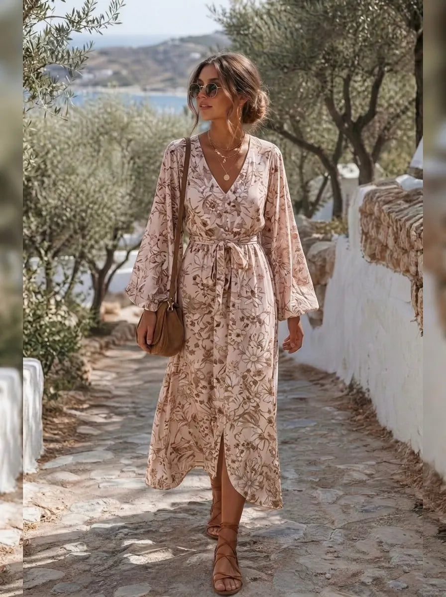 Women's Bohemian Floral V-Neck Long Sleeve Printed Dress