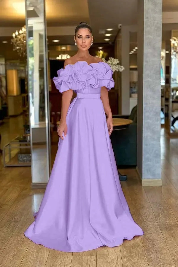 Satin Off-The-Shoulder Strapless High-Waisted Long A-Line Prom Dress With Ruffles JQ0425