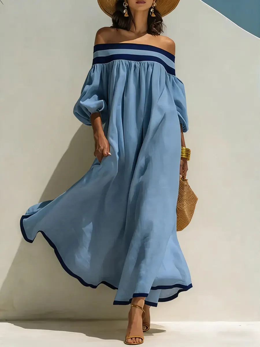 Loose-fitting Color-blocked Off-the-shoulder Cotton-linen Maxi Dress