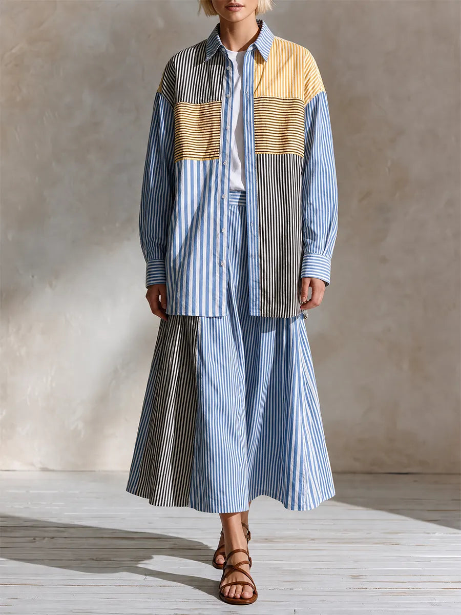 Artistic Resort Patchwork Stripe Shirt & Midi Skirt Set