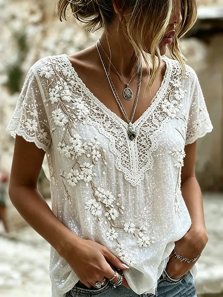 Women's Vintage Floral Art V Neck Casual Linen Blend Top