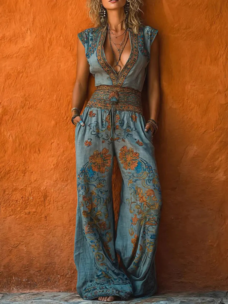 Women's Retro Art Print V-Neck Sleeveless Jumpsuit