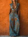 Women's Retro Art Print V-Neck Sleeveless Jumpsuit