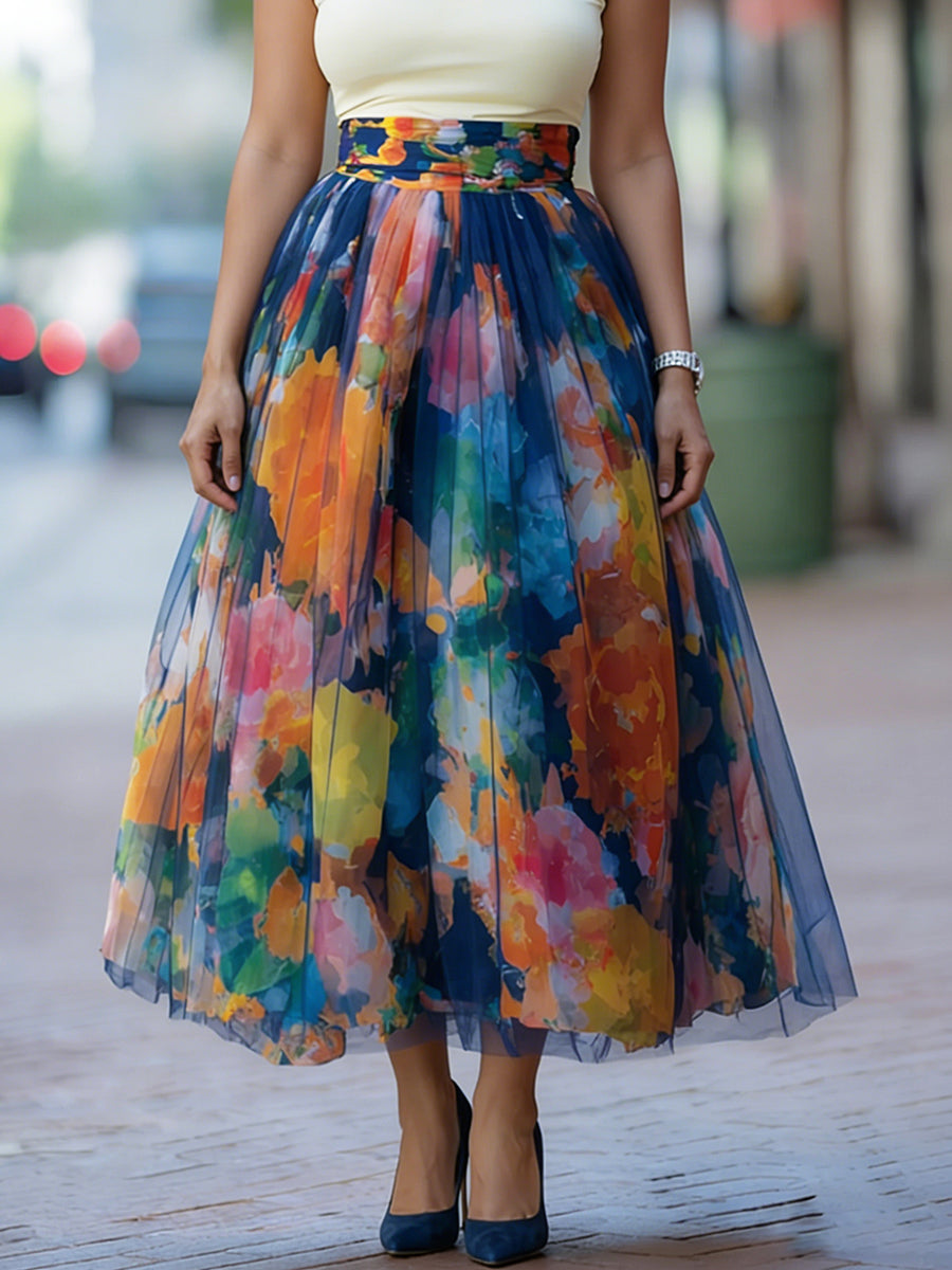 Artistic Watercolor Print Mesh-paneled Skirt