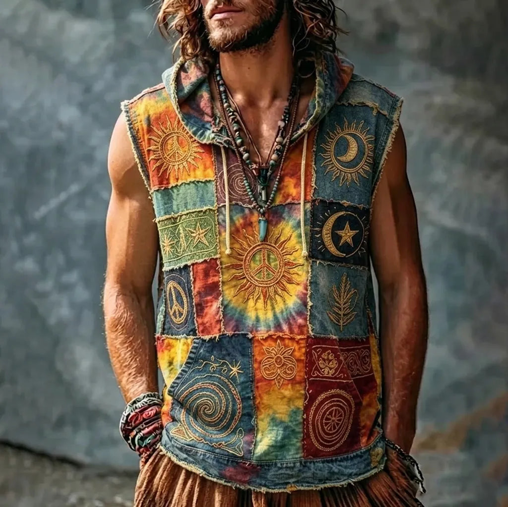 Men's Vintage Bohemian Peace Sign Patchwork Art Print Hooded Tank Top