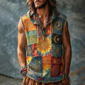 Men's Vintage Bohemian Peace Sign Patchwork Art Print Hooded Tank Top