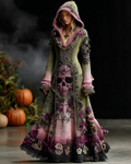 Halloween-Themed Skull Floral Embroidered Knit Hooded Dress  c4d5