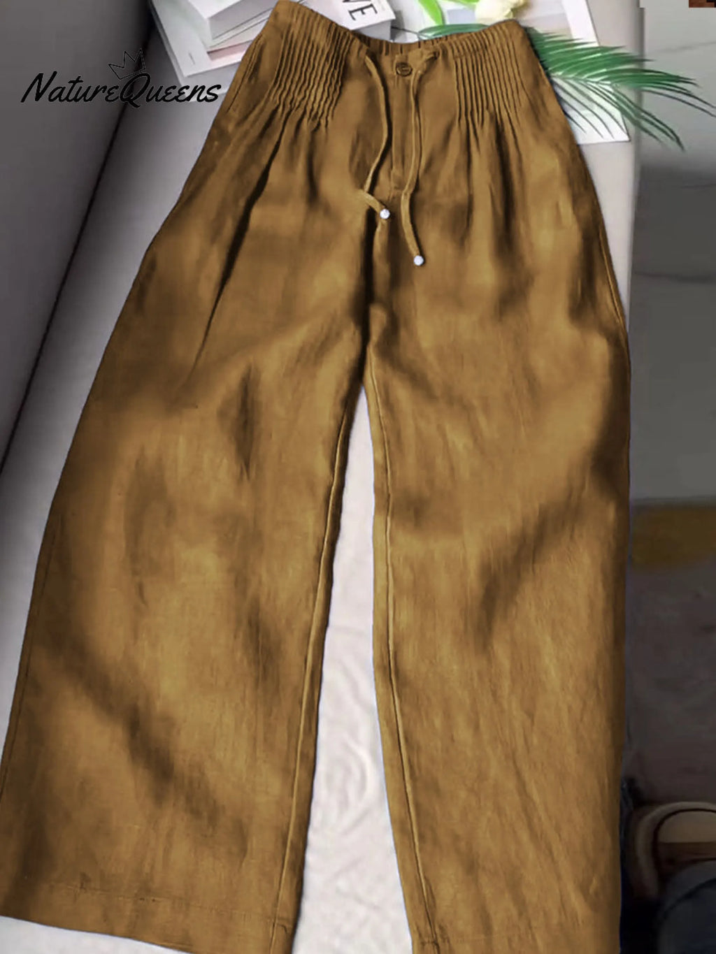 🔥Limited time promotion Women's Solid Color Pleated Drawstring Casual Cotton and Linen Wide Leg Pants