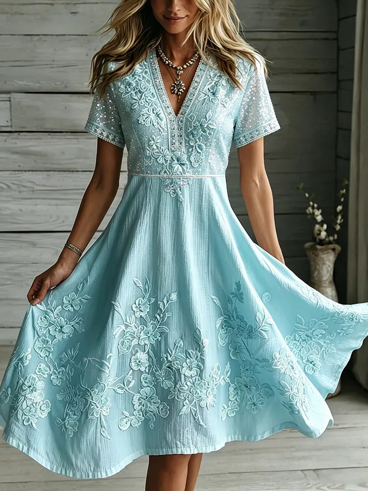 Women's Floral Art Embroidered Linen Blend V Neck Midi Dress
