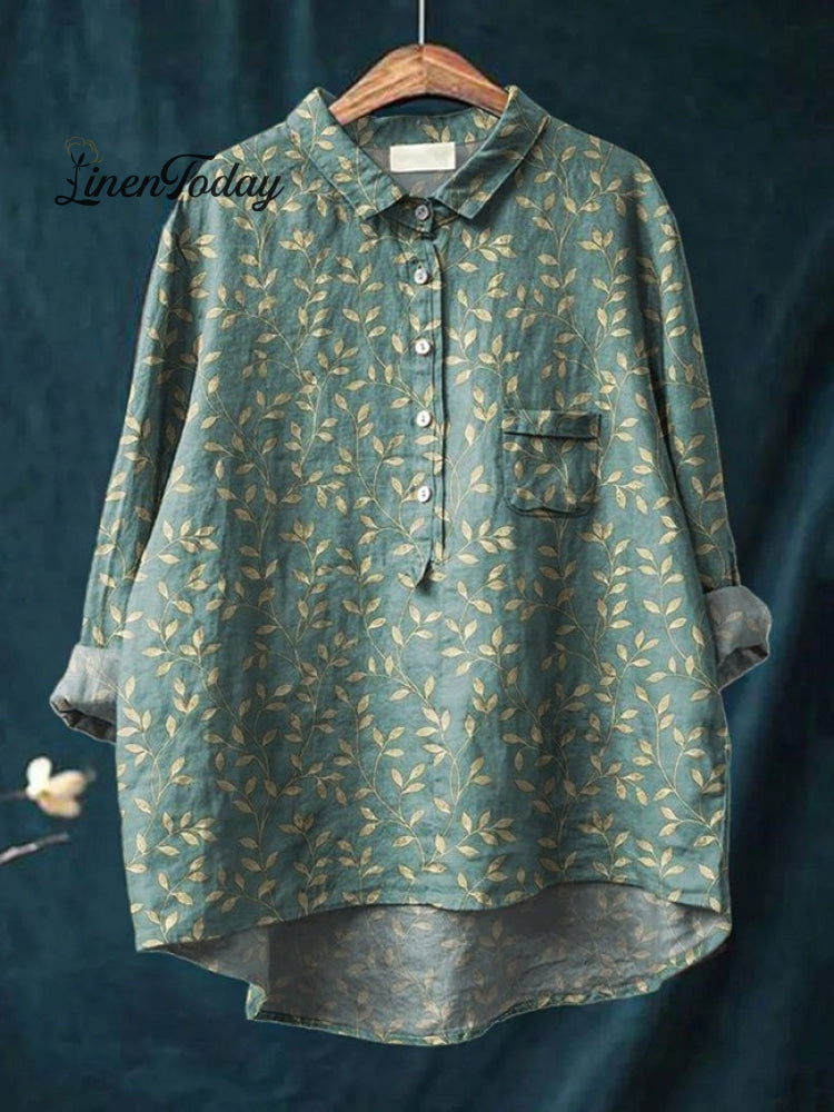 Women's Flower Print Casual Cotton And Linen Shirt