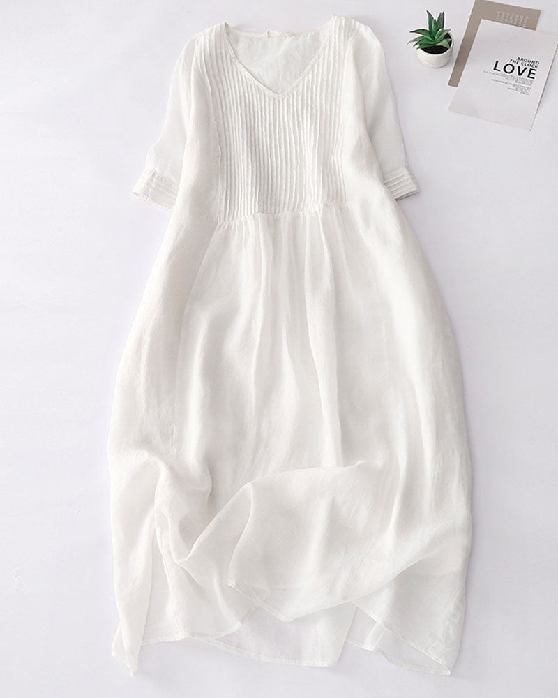 Retro literary solid color V-neck ramie dress