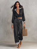 Polka Dot Print Long Sleeve Wrap Crop Top & Wide Leg Pants Two Piece Set