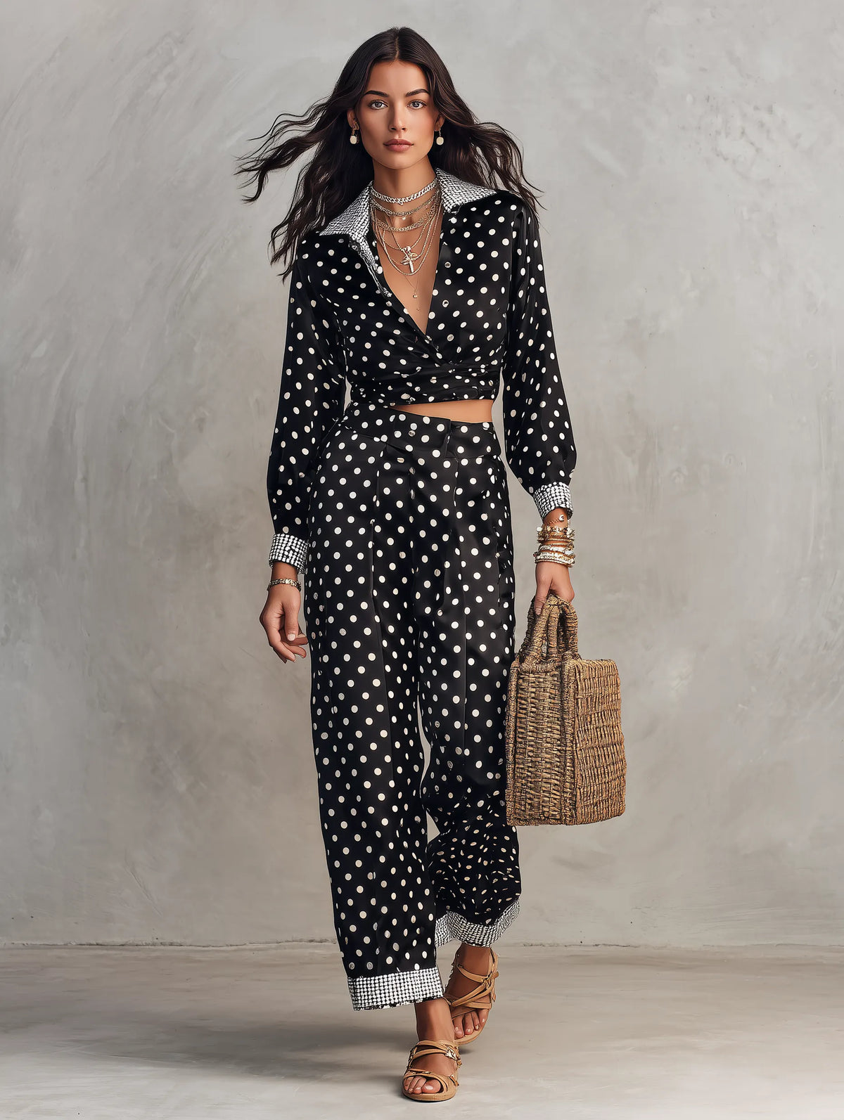 Polka Dot Print Long Sleeve Wrap Crop Top & Wide Leg Pants Two Piece Set