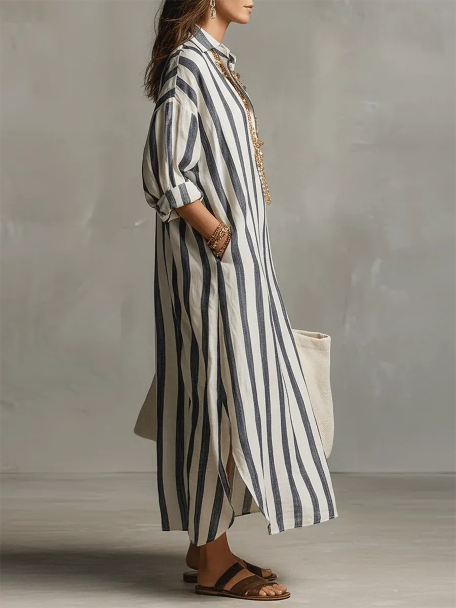 Casual And Cozy Striped Linen-cotton Dress