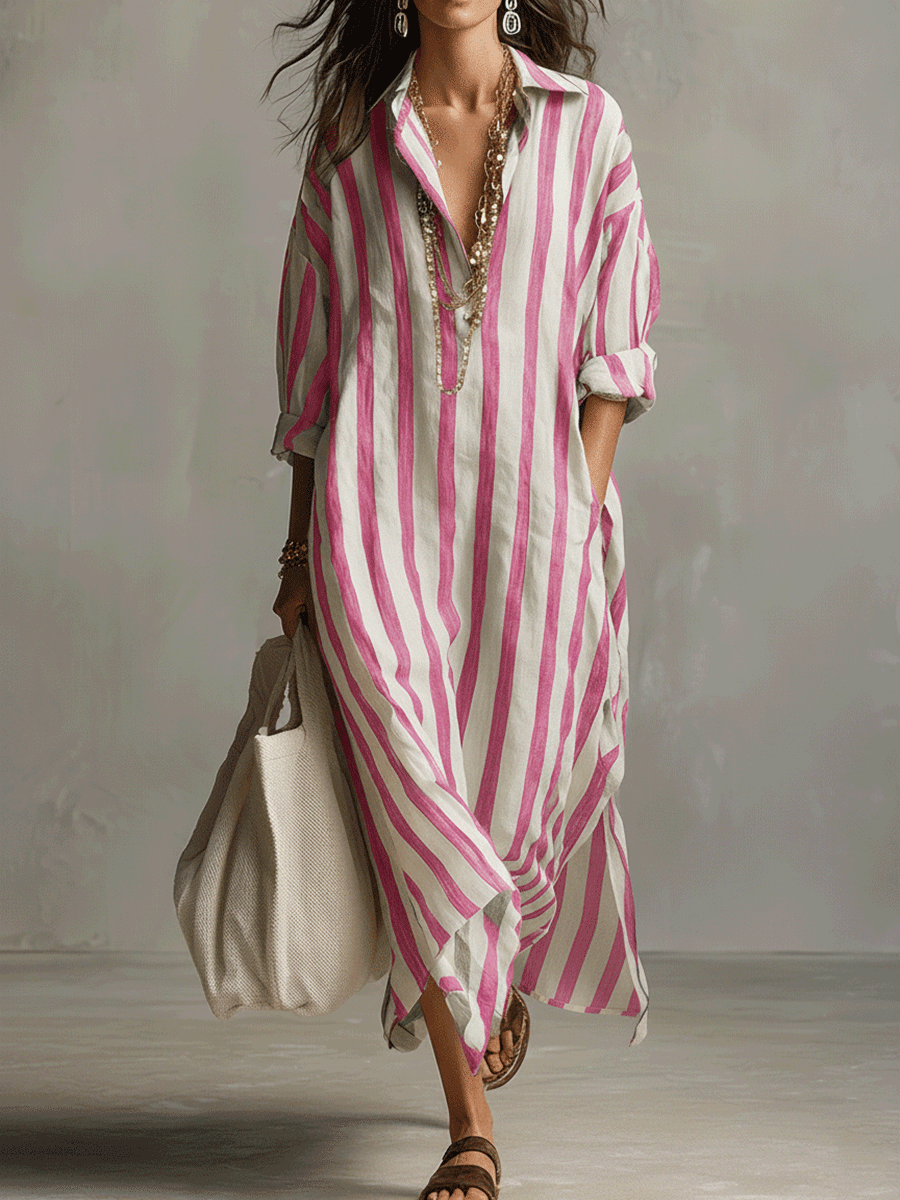 Casual Striped Shirt Bohemian Style Maxi Dress