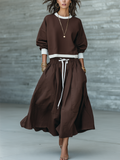 Chocolate Brown Cotton Drawstring Midi Skirt Set